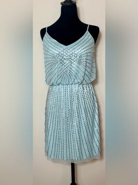 XSCAPE Ice Blue Silver Beaded Blouson Party Dress with Adjustable Straps, Size 6